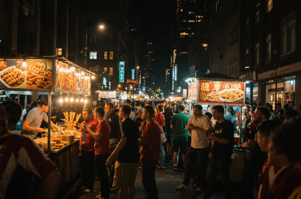 球迷在城市街区欢庆，夜间美食与小吃摊